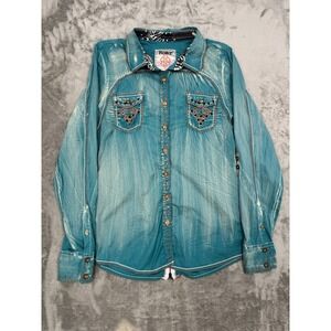Roar Button Shirt Womens Large Teal Turquoise Embroidered Rhinestone Western Tab